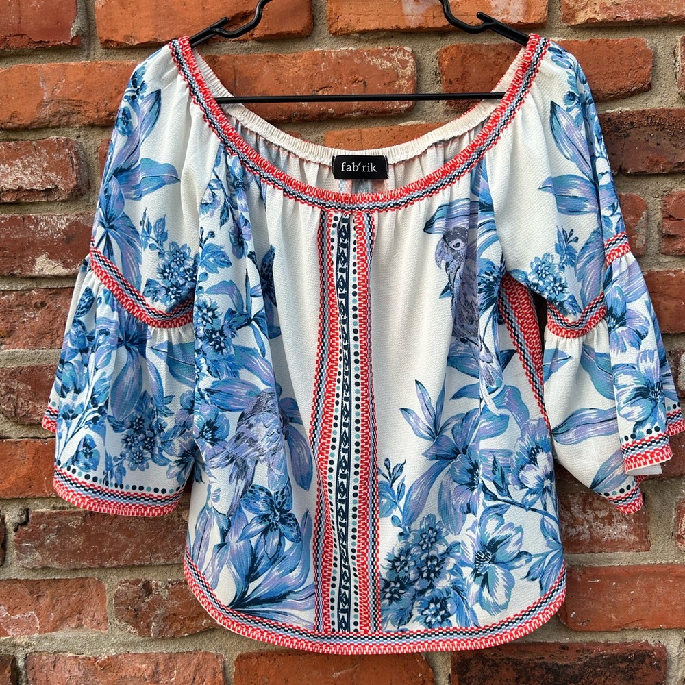 Fab'rik Women's Floral Bell Sleeve Off the Shoulder Boho Blouse M